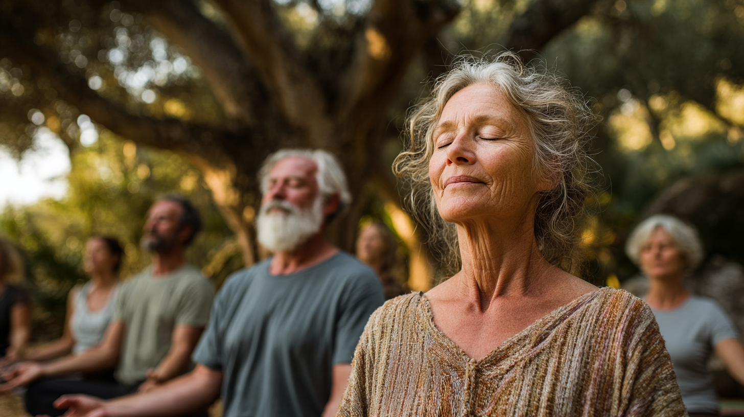 Група людей зрілого віку практикує йогу на відкритому повітрі